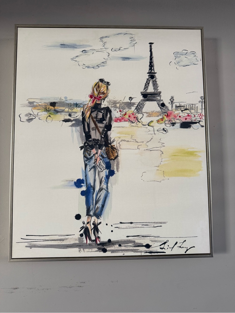 Parisian Street Art Print - Woman with Eiffel Tower - Blue, Black, Pink Accents